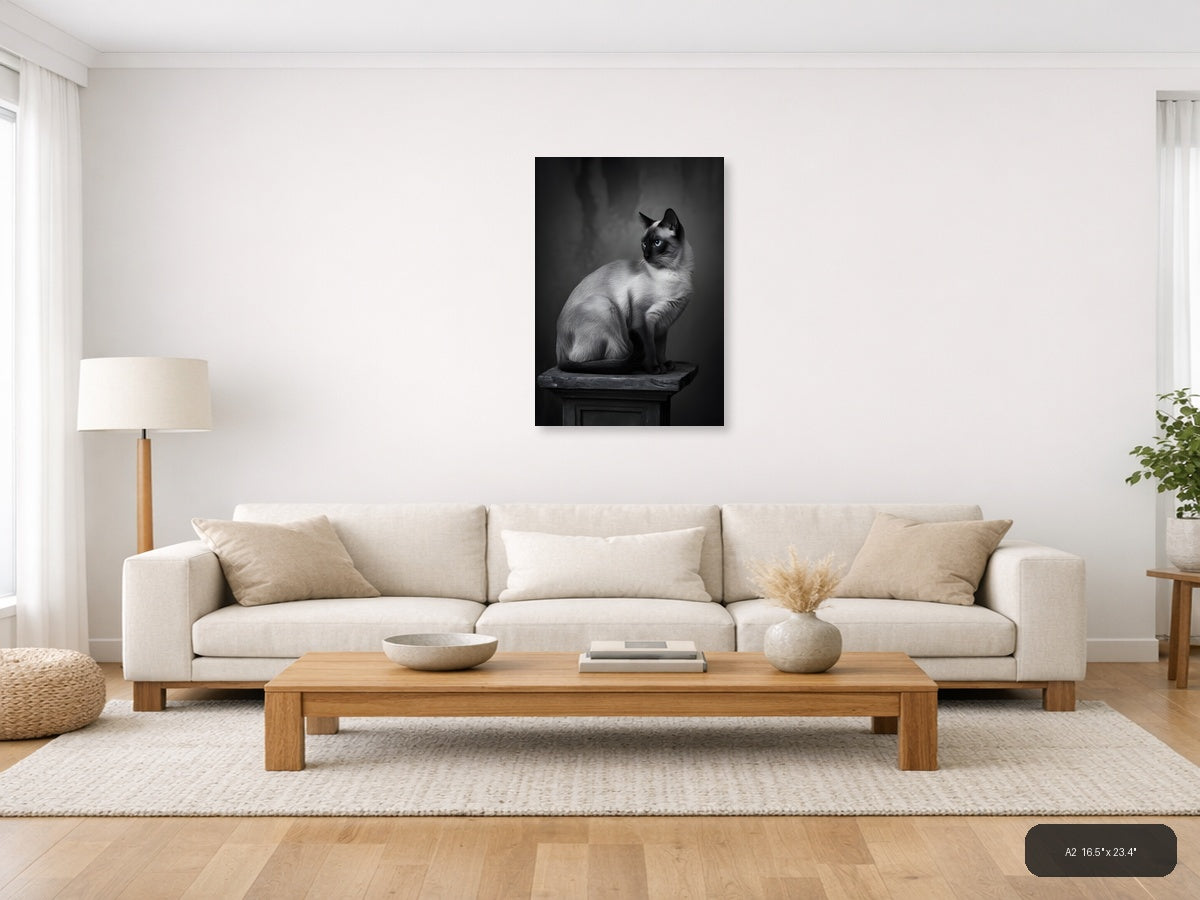 Siamese Cat Portrait Black and White Photography Wall Art — A2 / Living Room