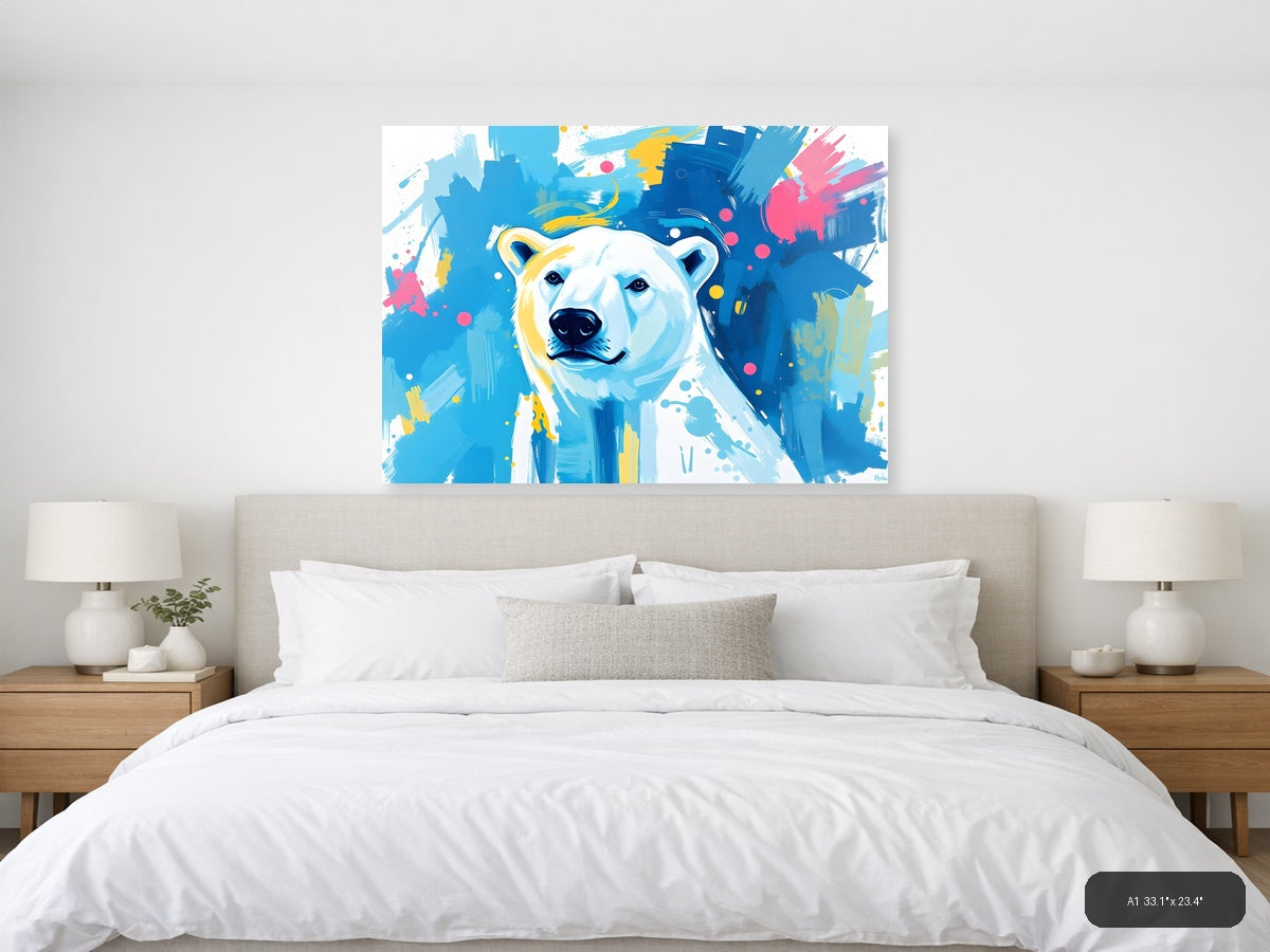 Abstract Polar Bear Portrait Blue Yellow Wall Art — A1 / Bedroom