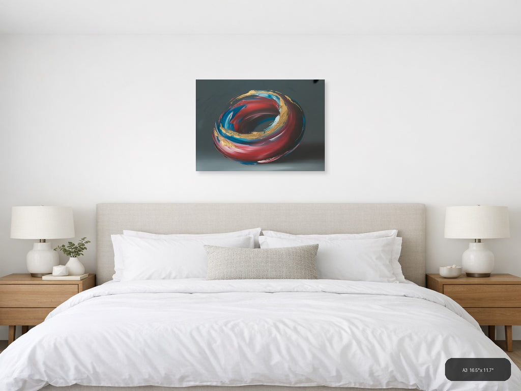 Red Blue Gold Abstract Swirl Circle Modern Wall Art — A3 / Bedroom