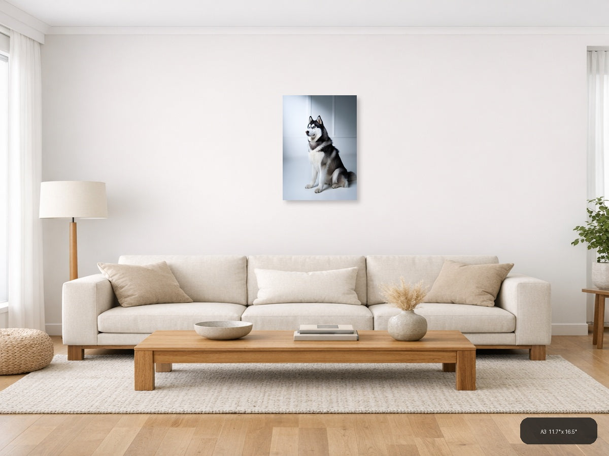 Black and White Husky Portrait Minimalist Wall Art — A3 / Living Room