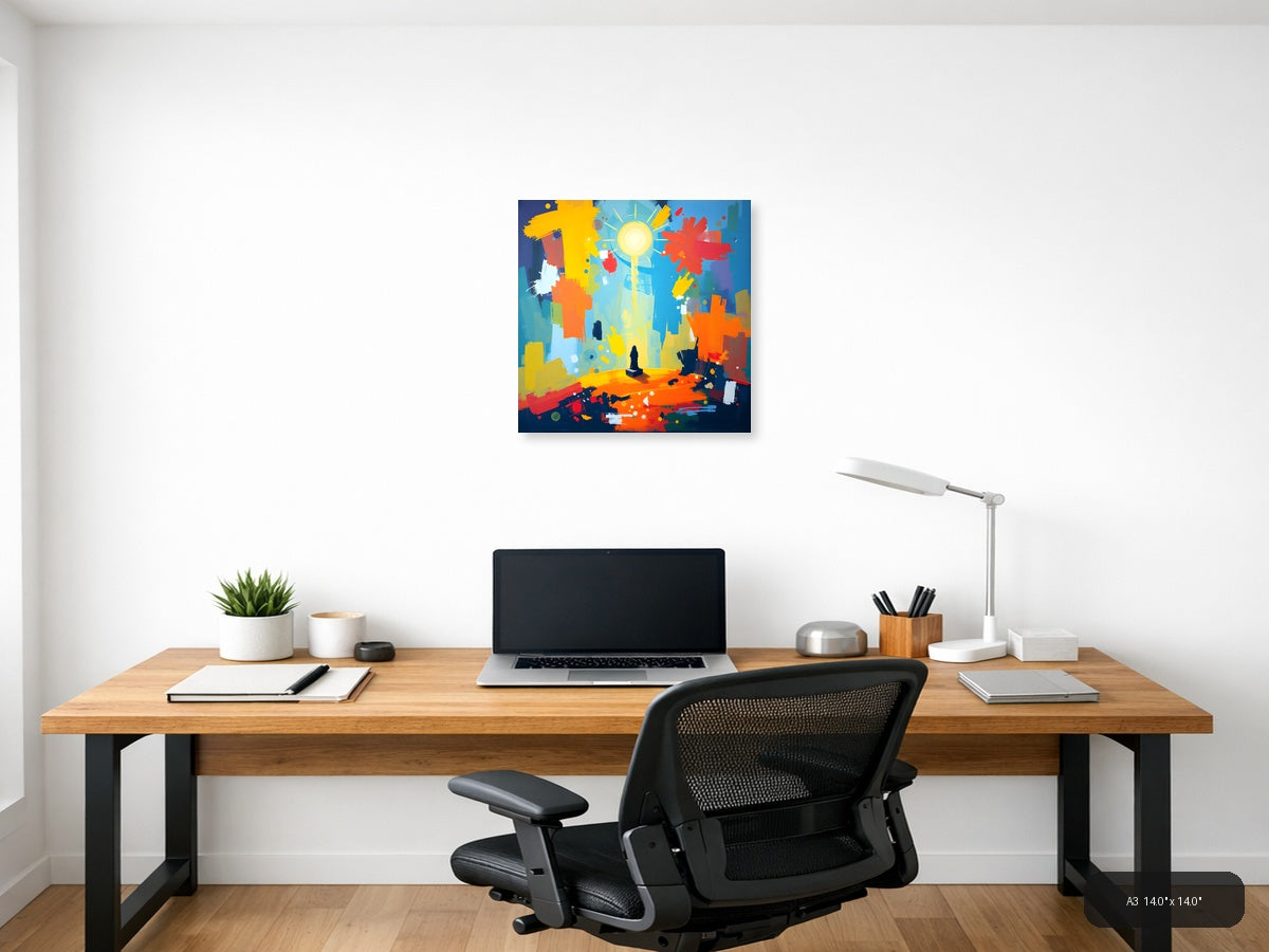 Vibrant Abstract Sun and City Landscape Wall Art — A3 / Office