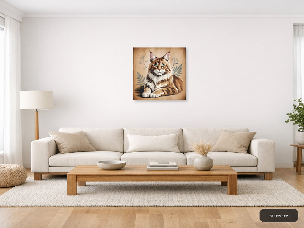 Maine Coon Cat with Botanical Plants Vintage Wall Art — A3 / Living Room