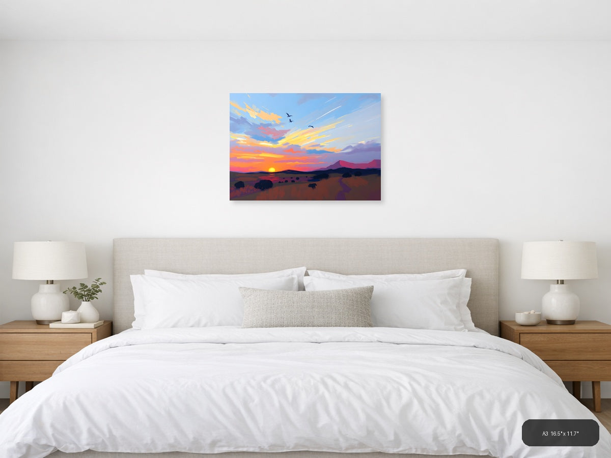 Abstract Sunset Desert Landscape with Flying Birds Wall Art — A3 / Bedroom