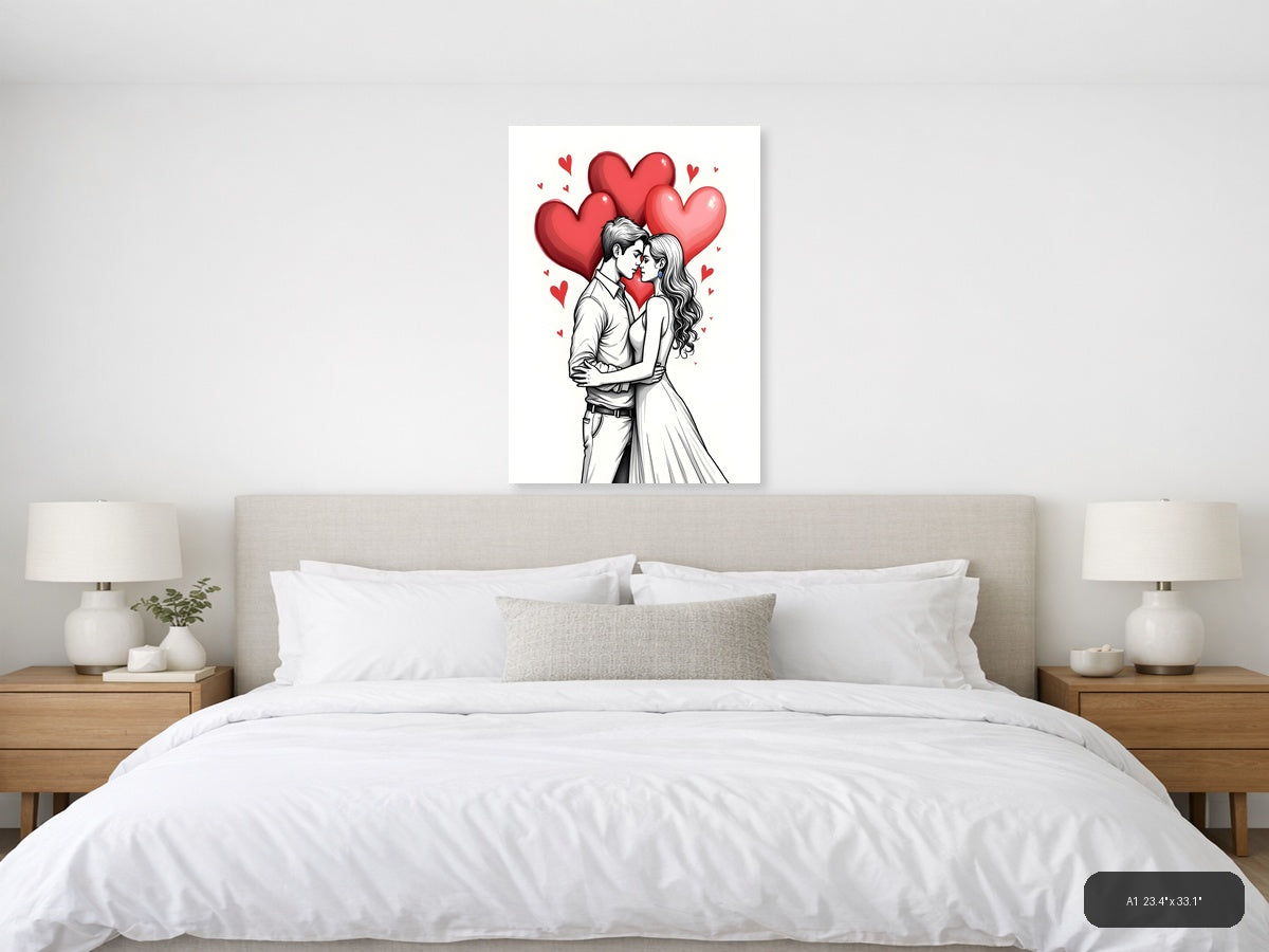 Couple Kissing Line Art with Red Hearts Wall Art — A1 / Bedroom