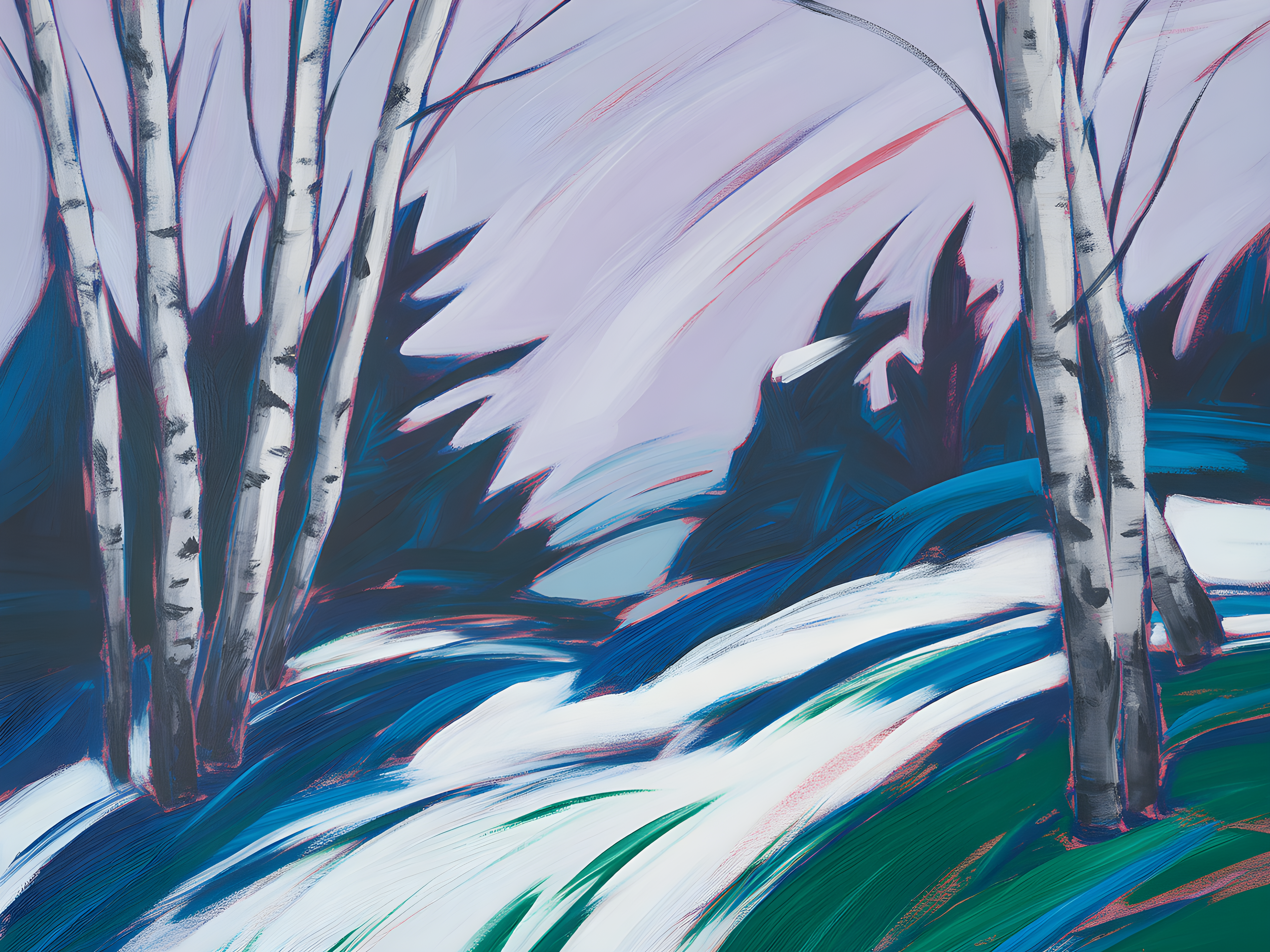 Abstract Winter Birch Trees Snow Landscape Wall Art