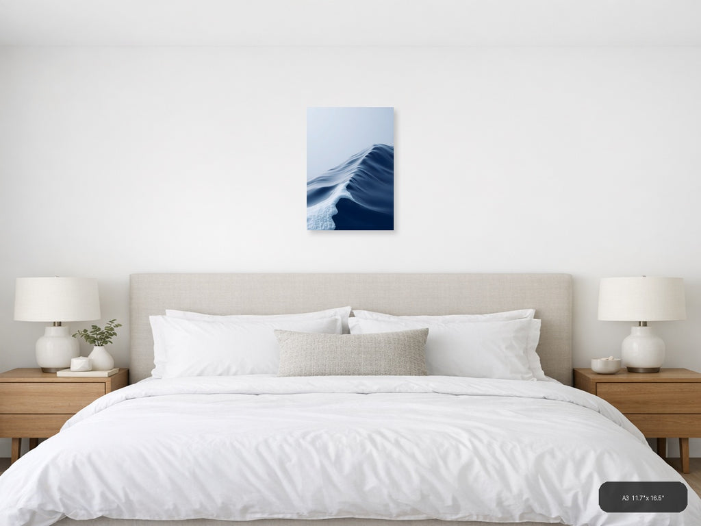 Minimalist Snow Dune Abstract Blue White Wall Art — A3 / Bedroom