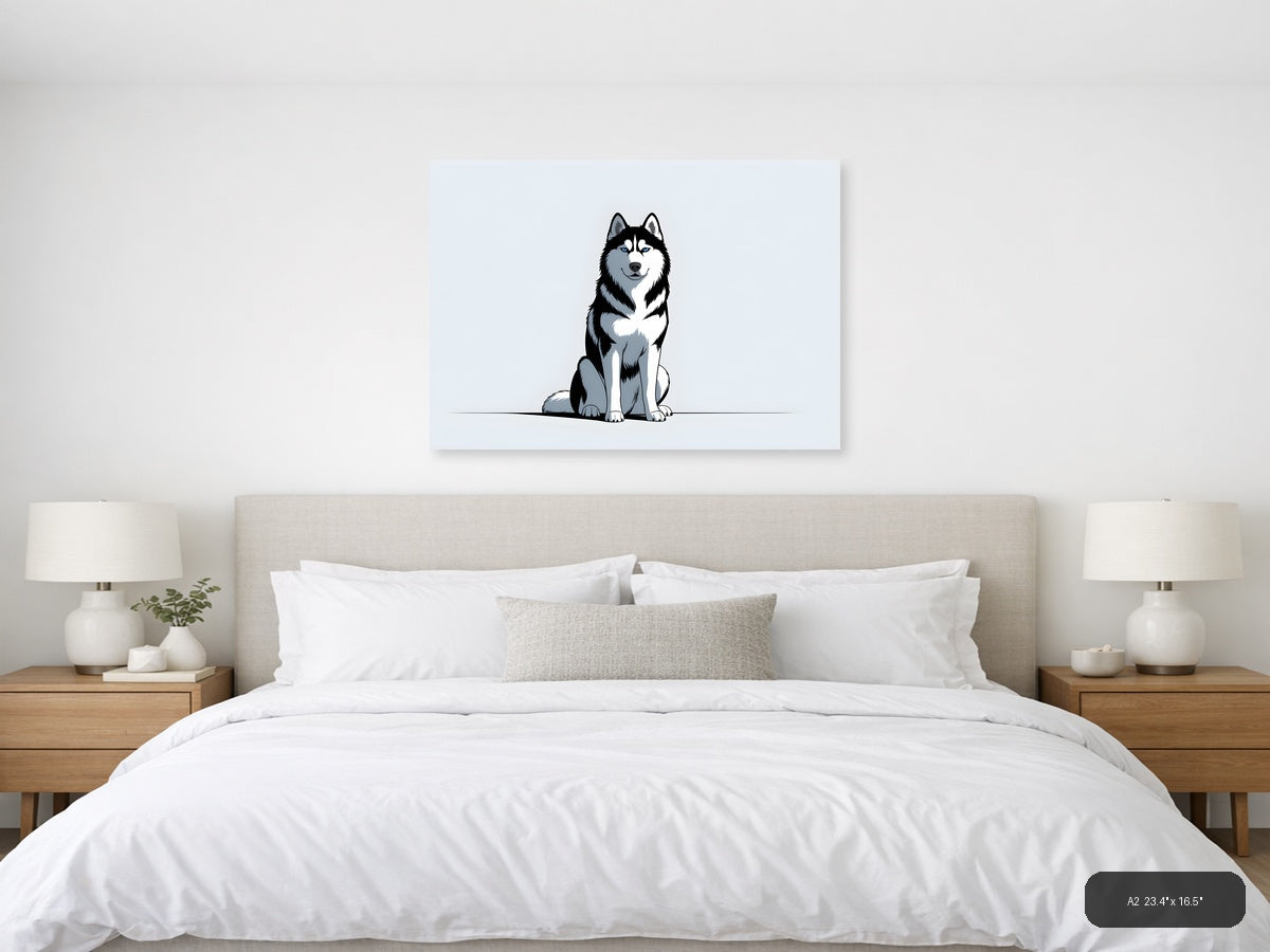Siberian Husky Portrait - Minimalist Black & White Wall Art — A2 / Bedroom