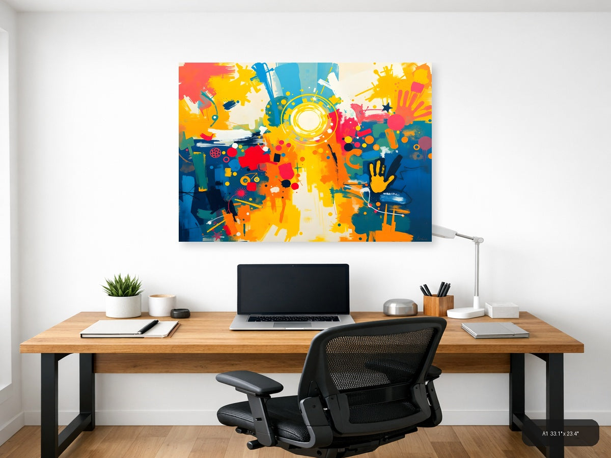 Vibrant Abstract Explosion Circular Yellow Focal Point Wall Art — A1 / Office