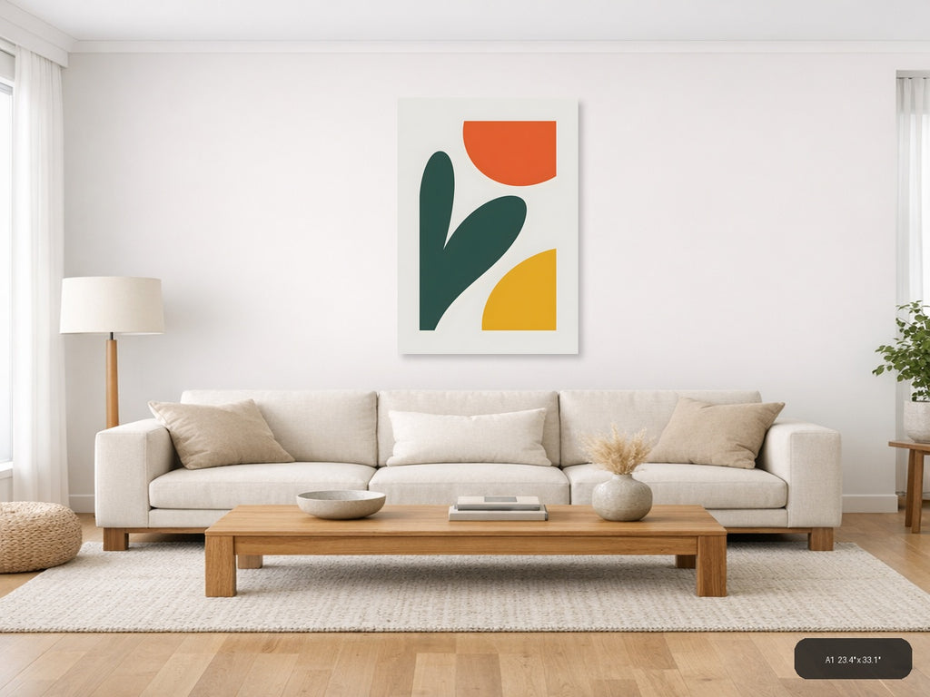 Minimalist Abstract Shapes in Teal, Orange & Yellow Wall Art — A1 / Living Room