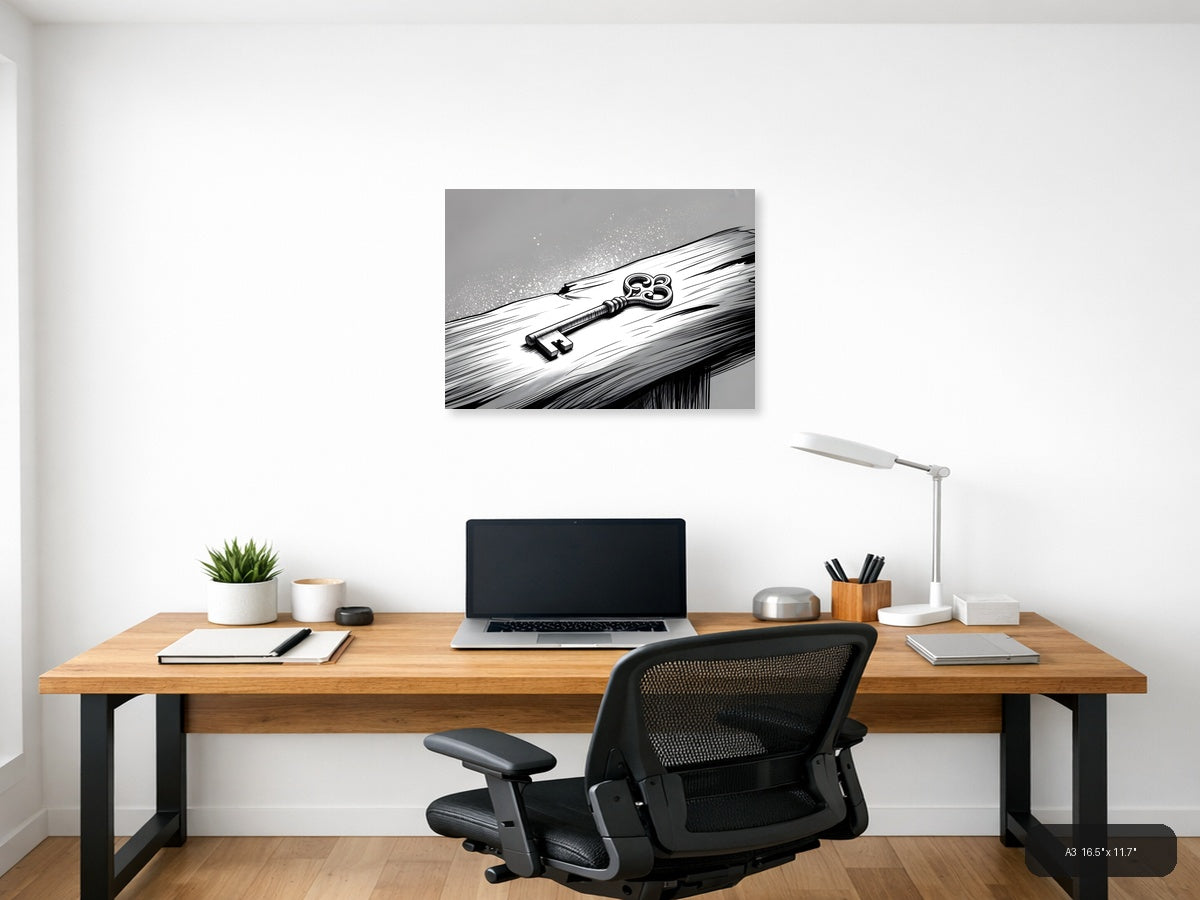 Ornate Key on Wood Line Art Wall Art — A3 / Office