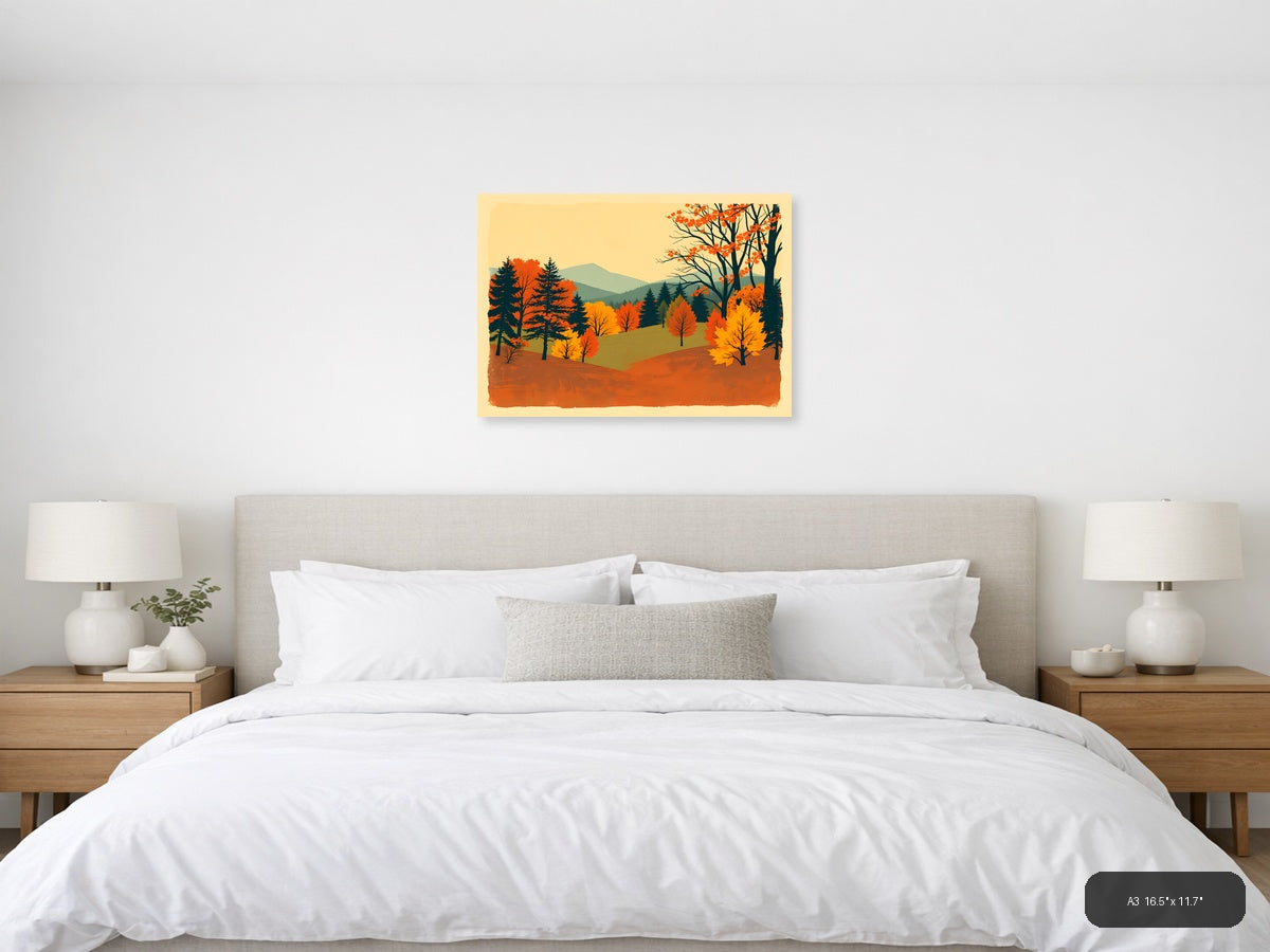 Vintage Autumn Forest Mountain Landscape Wall Art — A3 / Bedroom