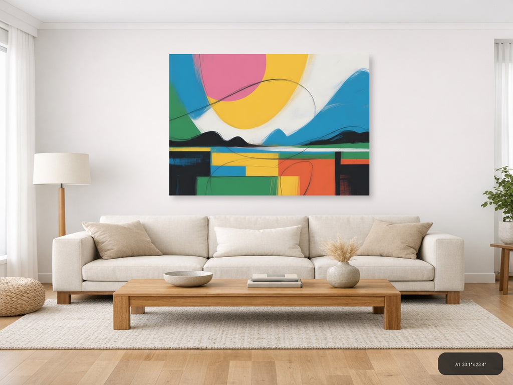 Colorful Abstract Landscape with Geometric Shapes Wall Art — A1 / Living Room