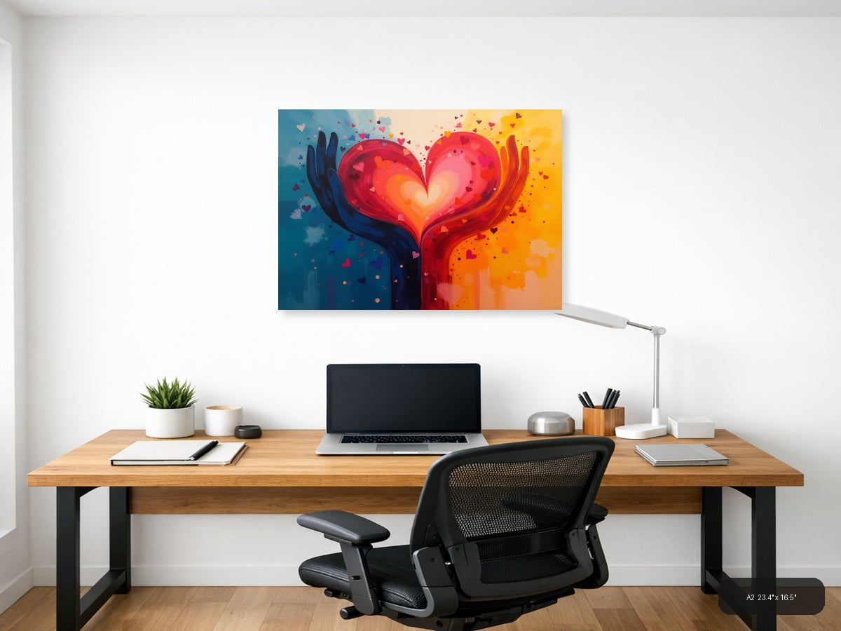 Glowing Heart in Hands Abstract Rainbow Canvas Print Wall Art — A2 (Office)