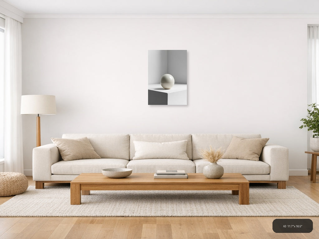 Minimalist White Sphere on Pedestal Wall Art — A3 / Living Room