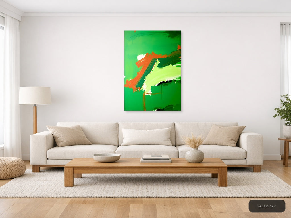Abstract Orange & Lime Green Brushstroke Portrait Wall Art — A1 / Living Room