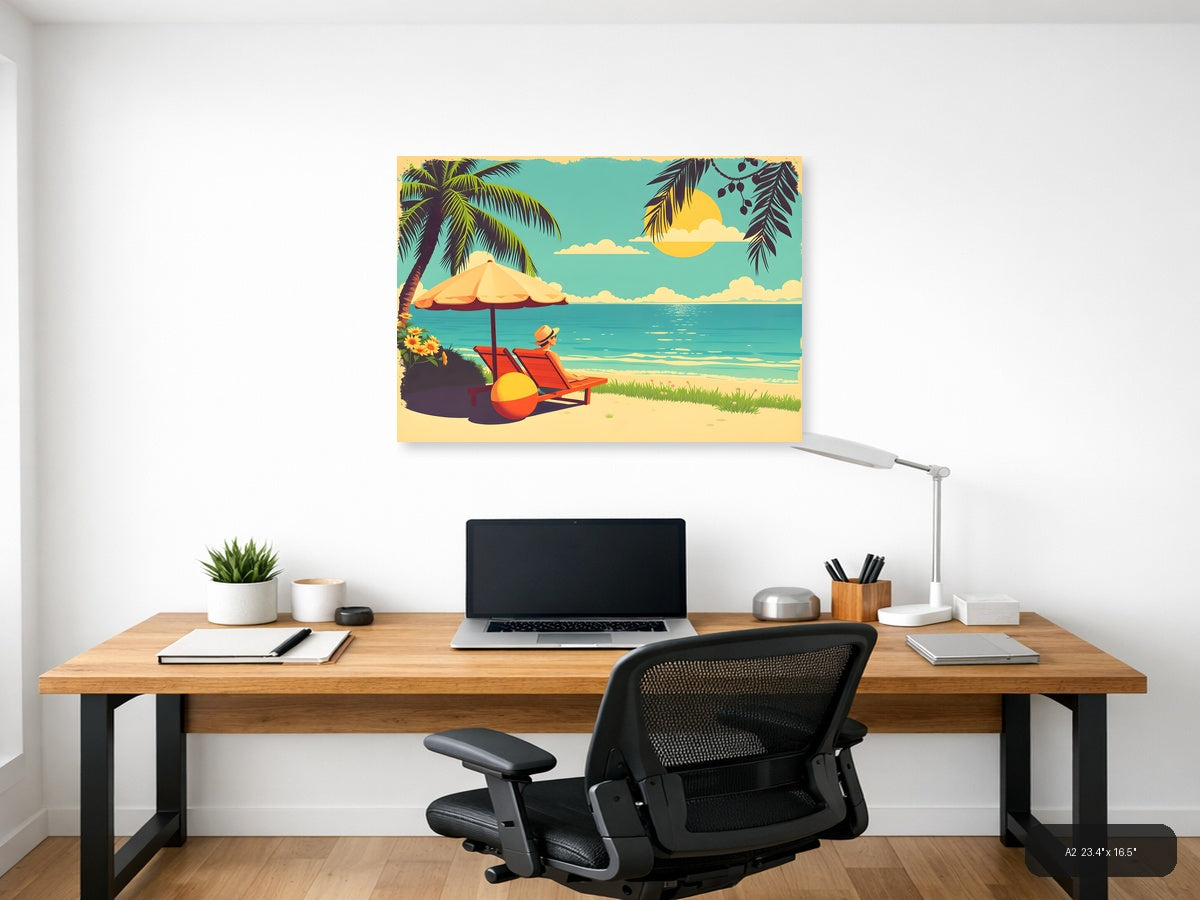 Vintage Beach Vacation Scene with Umbrella Wall Art — A2 / Office