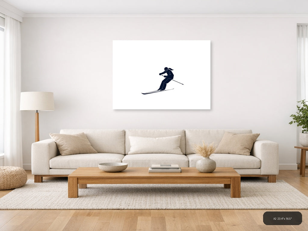 Minimalist Skier Silhouette Navy Blue Wall Art — A2 / Living Room