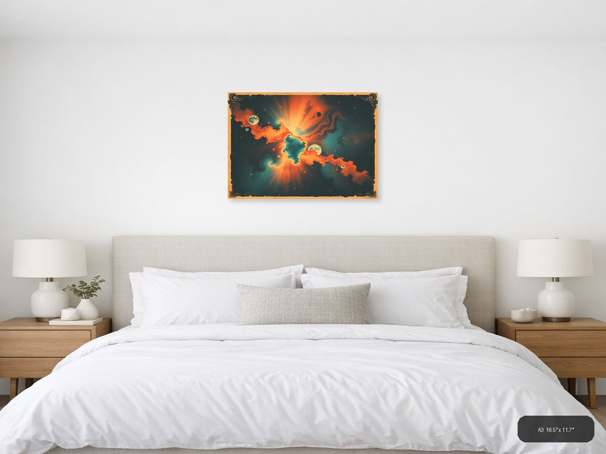 Vintage Cosmic Nebula with Planets - Orange Teal Wall Art — A3 / Bedroom