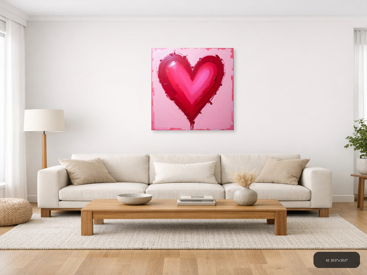 Abstract Red Heart Painting on Pink Background Wall Art — A2 / Living Room