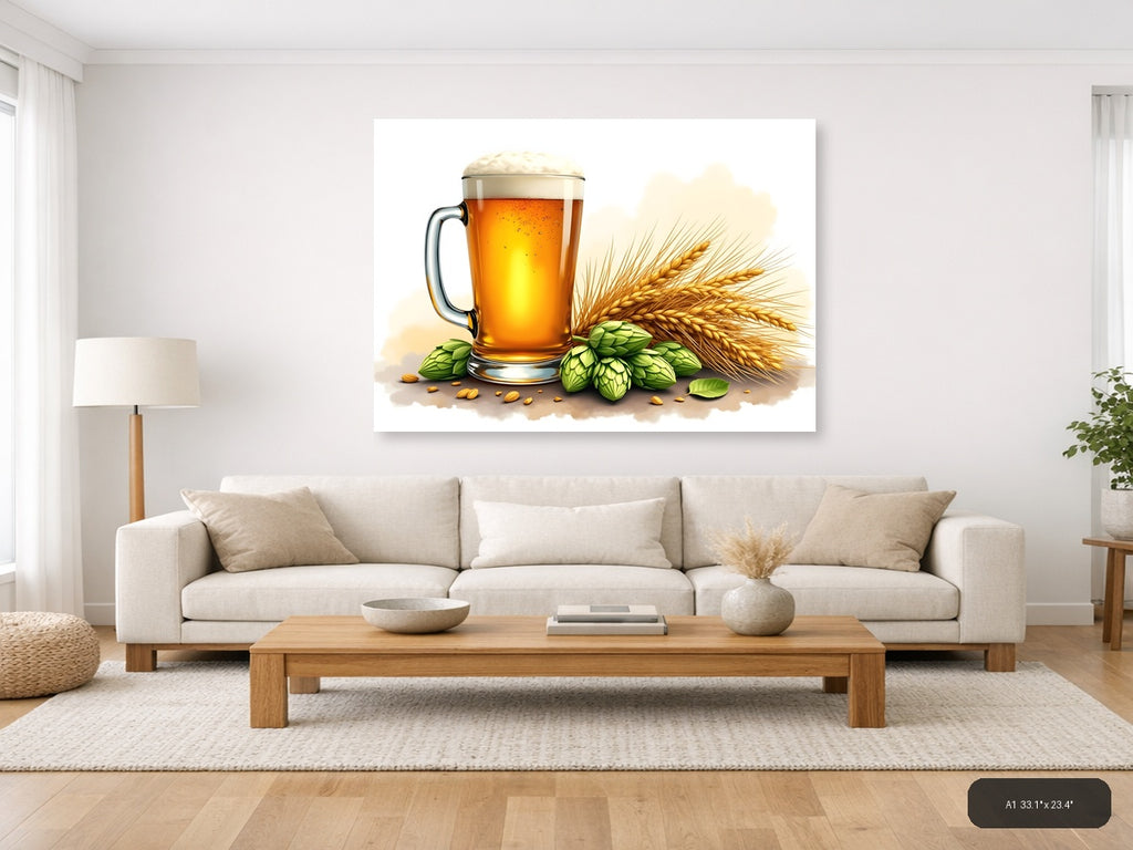 Beer, Hops & Barley Watercolor Illustration Wall Art — A1 / Living Room