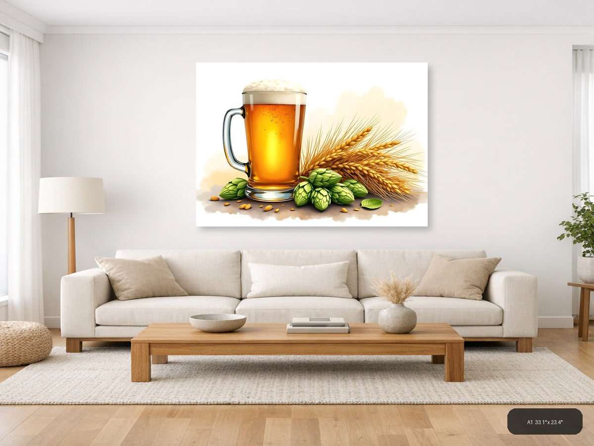 Beer, Hops & Barley Watercolor Illustration Wall Art — A1 / Living Room