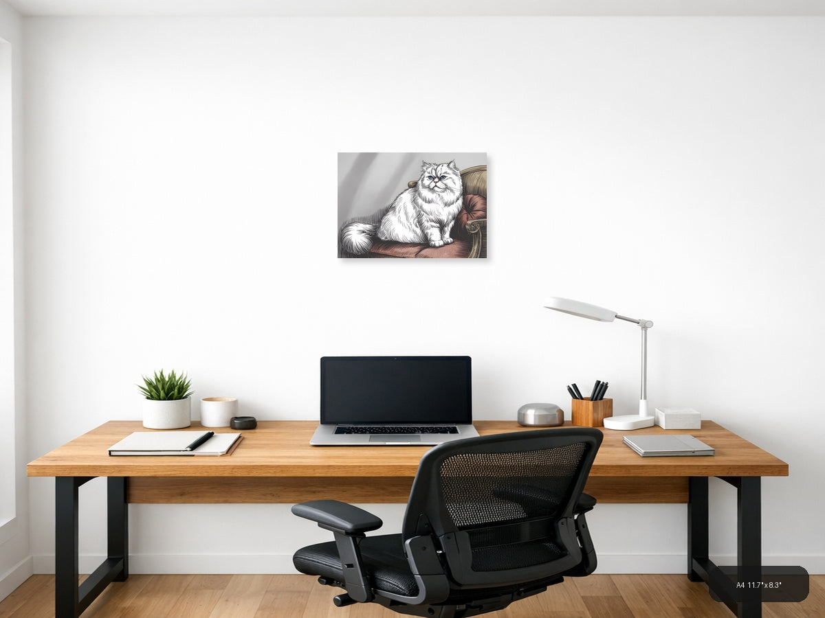 White Fluffy Cat with Blue Eyes Line Art Wall Art — A4 / Office