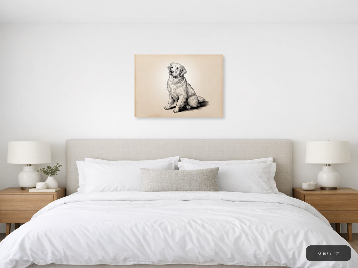 Golden Retriever Sitting Portrait Line Art Wall Art — A3 / Bedroom