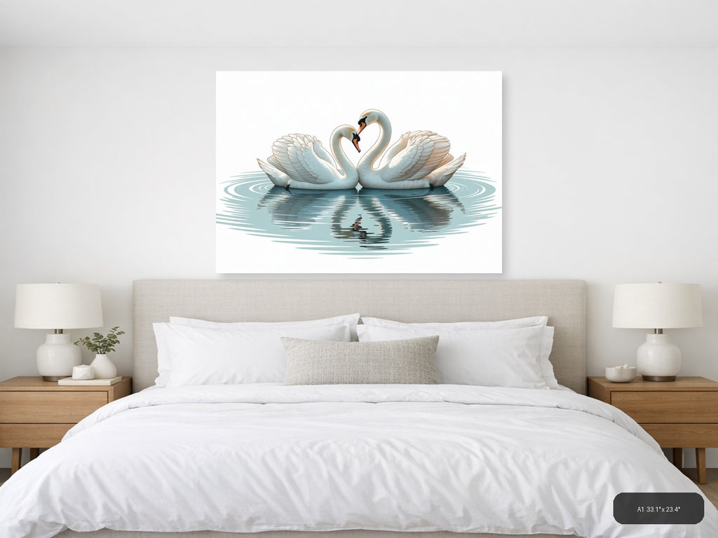 Two White Swans Forming Heart Minimalist Wall Art — A1 / Bedroom
