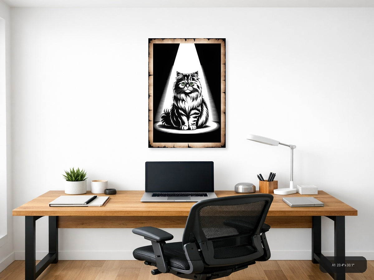 Majestic Fluffy Cat Green Eyes Black & White Wall Art — A1 / Office