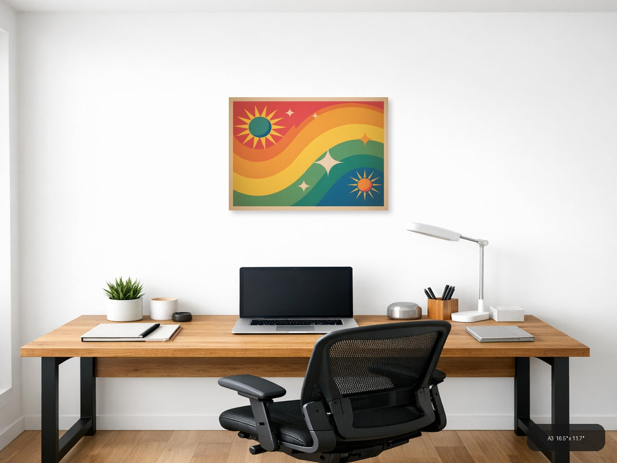Vintage Sunset Landscape with Suns & Stars Wall Art — A3 / Office