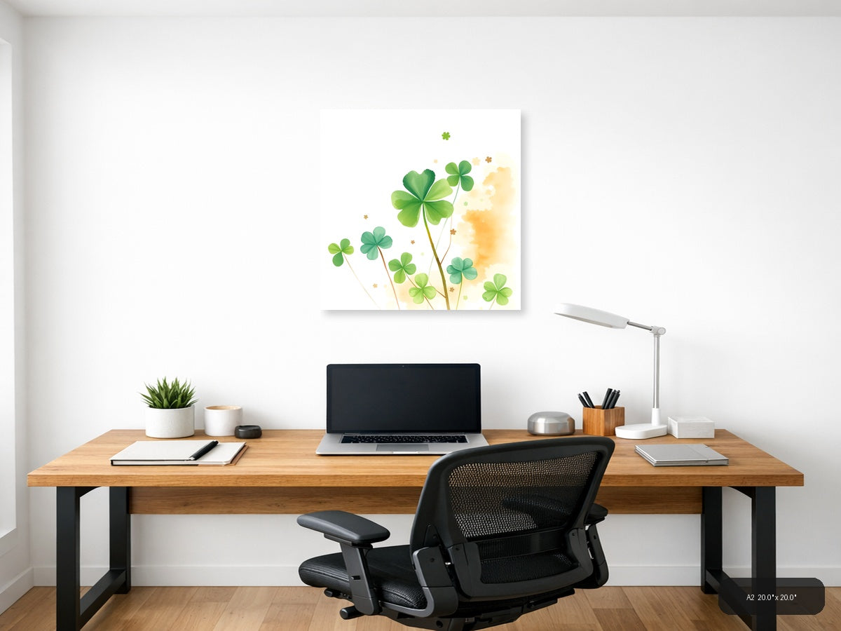 Four Leaf Clovers Watercolor Green Wall Art — A2 / Office
