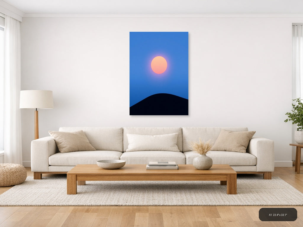 Minimalist Sunset Moon Rising Over Dark Hill Wall Art — A1 / Living Room