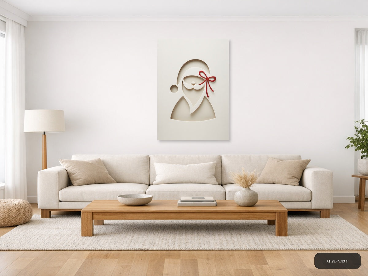 Minimalist Santa with Red Bow Paper Cut Wall Art — A1 / Living Room