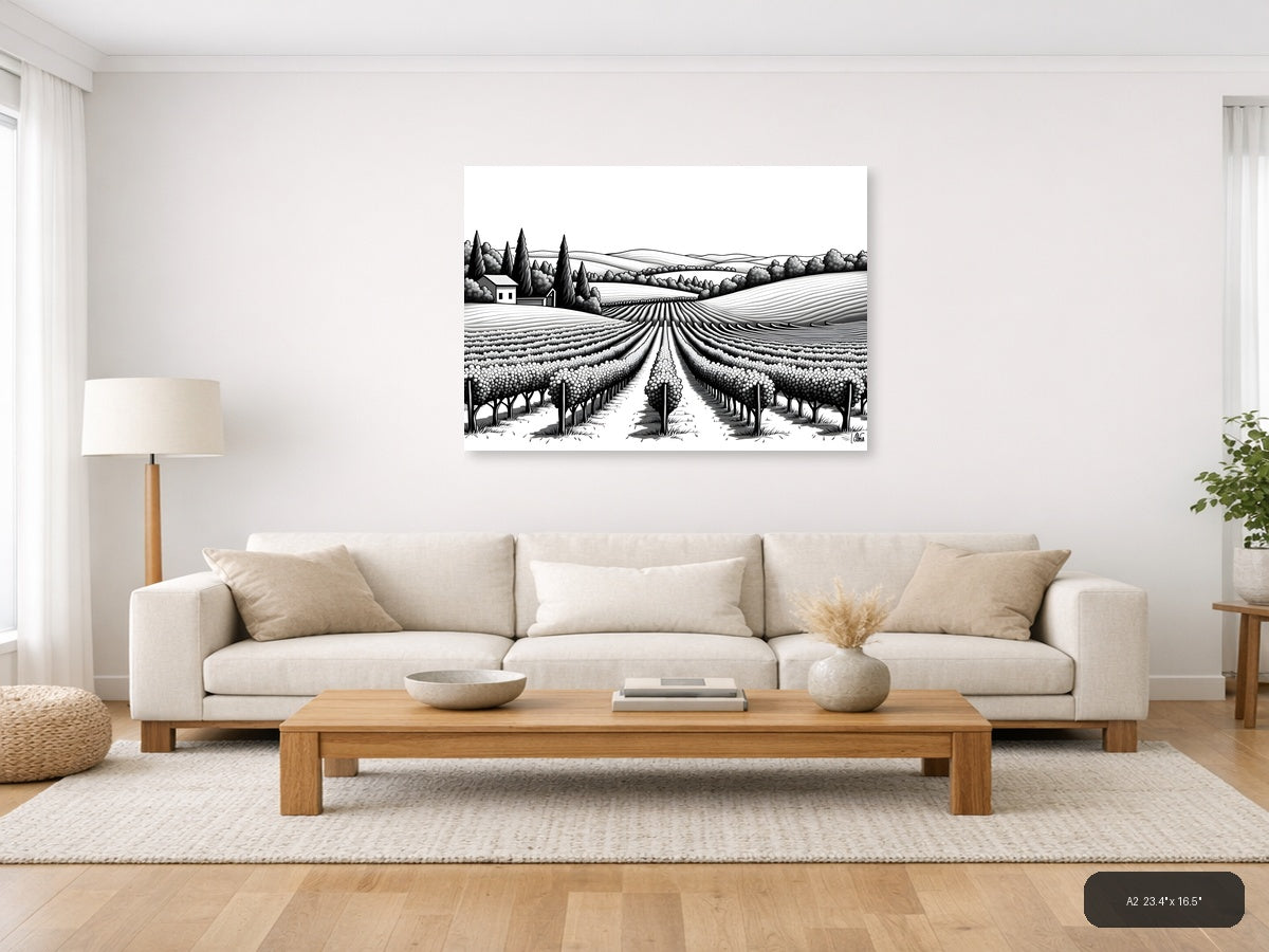 Tuscan Vineyard Landscape Line Art Wall Art — A2 / Living Room