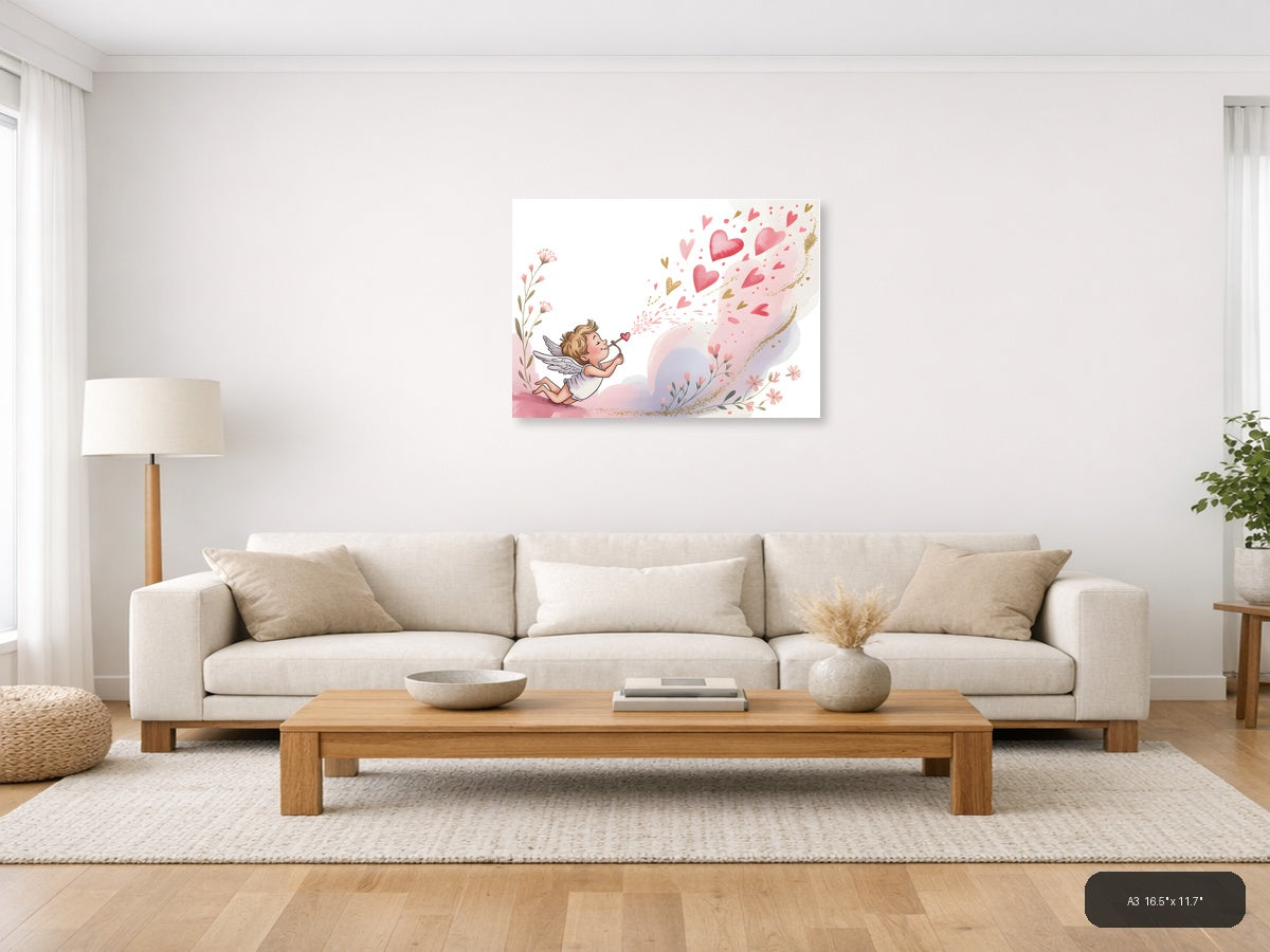 Cupid Blowing Hearts Watercolor Landscape Wall Art — A3 / Living Room