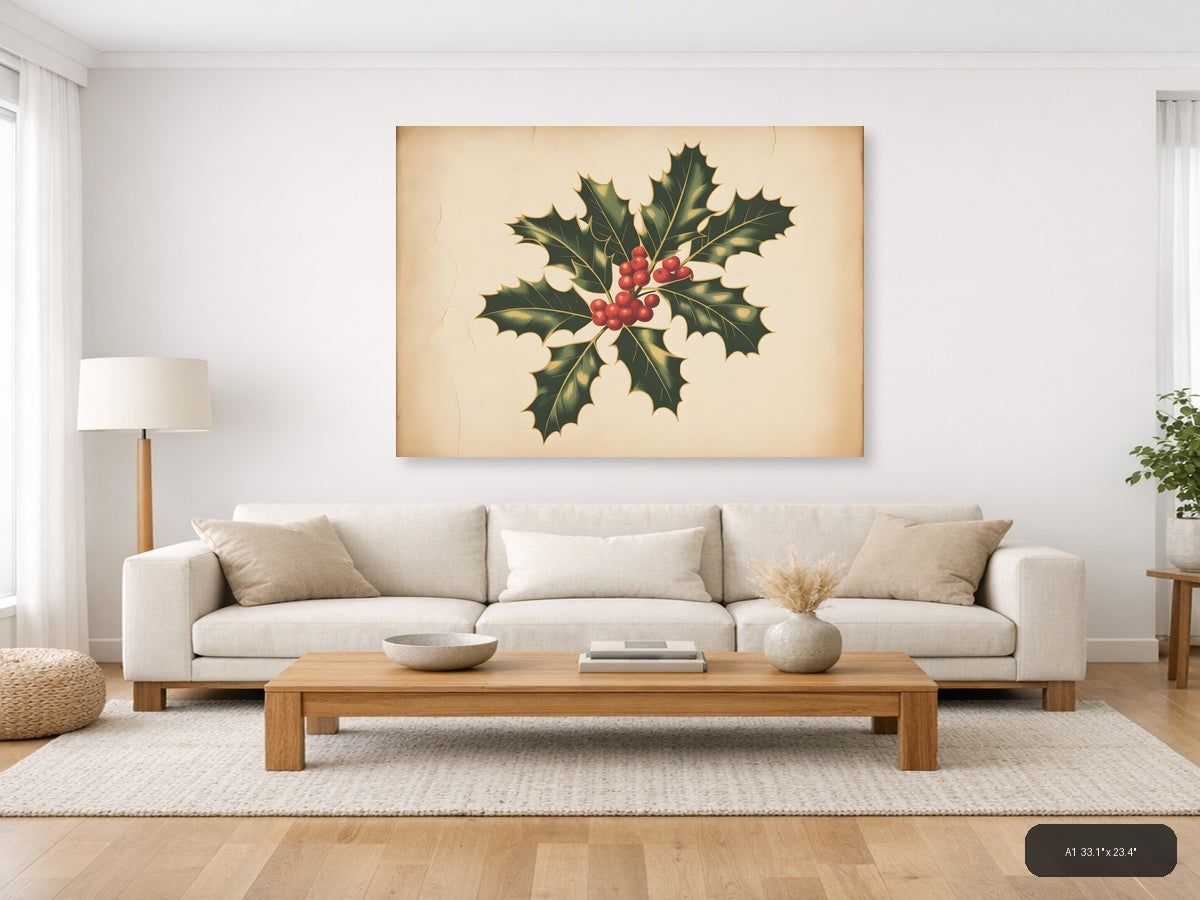 Vintage Holly Berries & Leaves Botanical Wall Art — A1 / Living Room