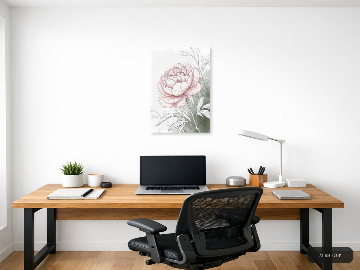 Pink Peony Line Art with Green Leaves Wall Art — A2 / Office
