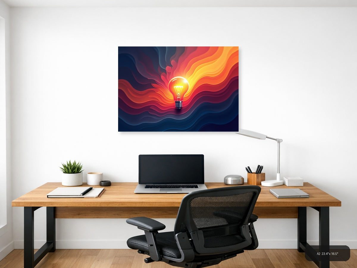 Glowing Lightbulb with Fiery Waves Abstract Art Wall Art — A2 (Office)