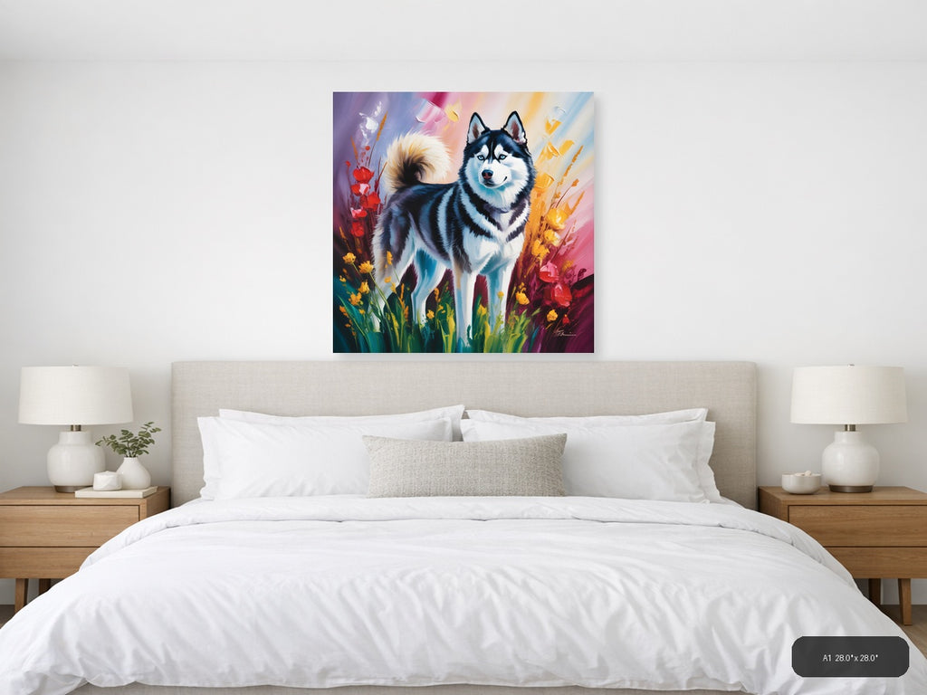 Husky Dog with Colorful Flowers Abstract Wall Art — A1 / Bedroom