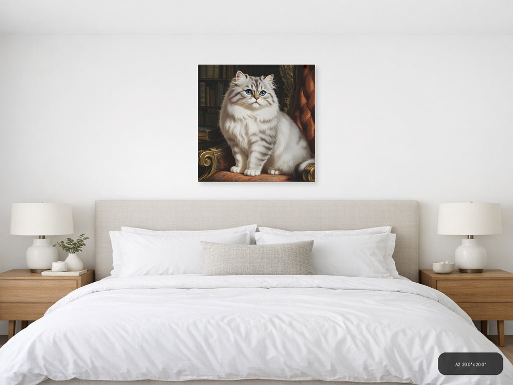 Vintage White Persian Cat Blue Eyes Library Wall Art — A2 / Bedroom