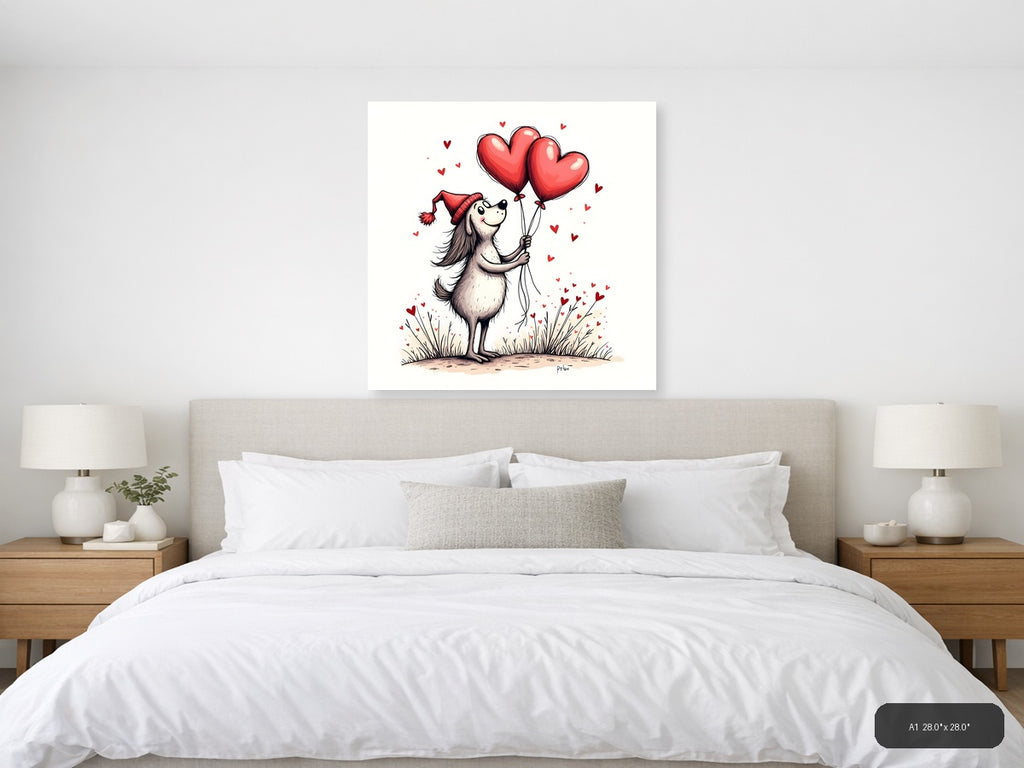 Whimsical Dog with Heart Balloons Line Art Wall Art — A1 / Bedroom