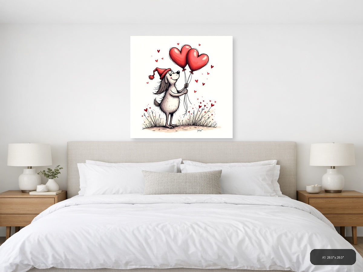 Whimsical Dog with Heart Balloons Line Art Wall Art — A1 / Bedroom