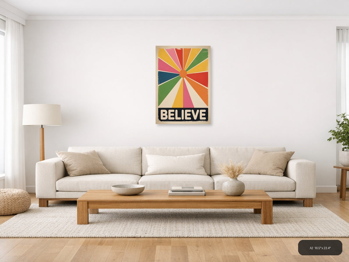 Vintage Believe Sunburst Motivational Wall Art — A2 / Living Room