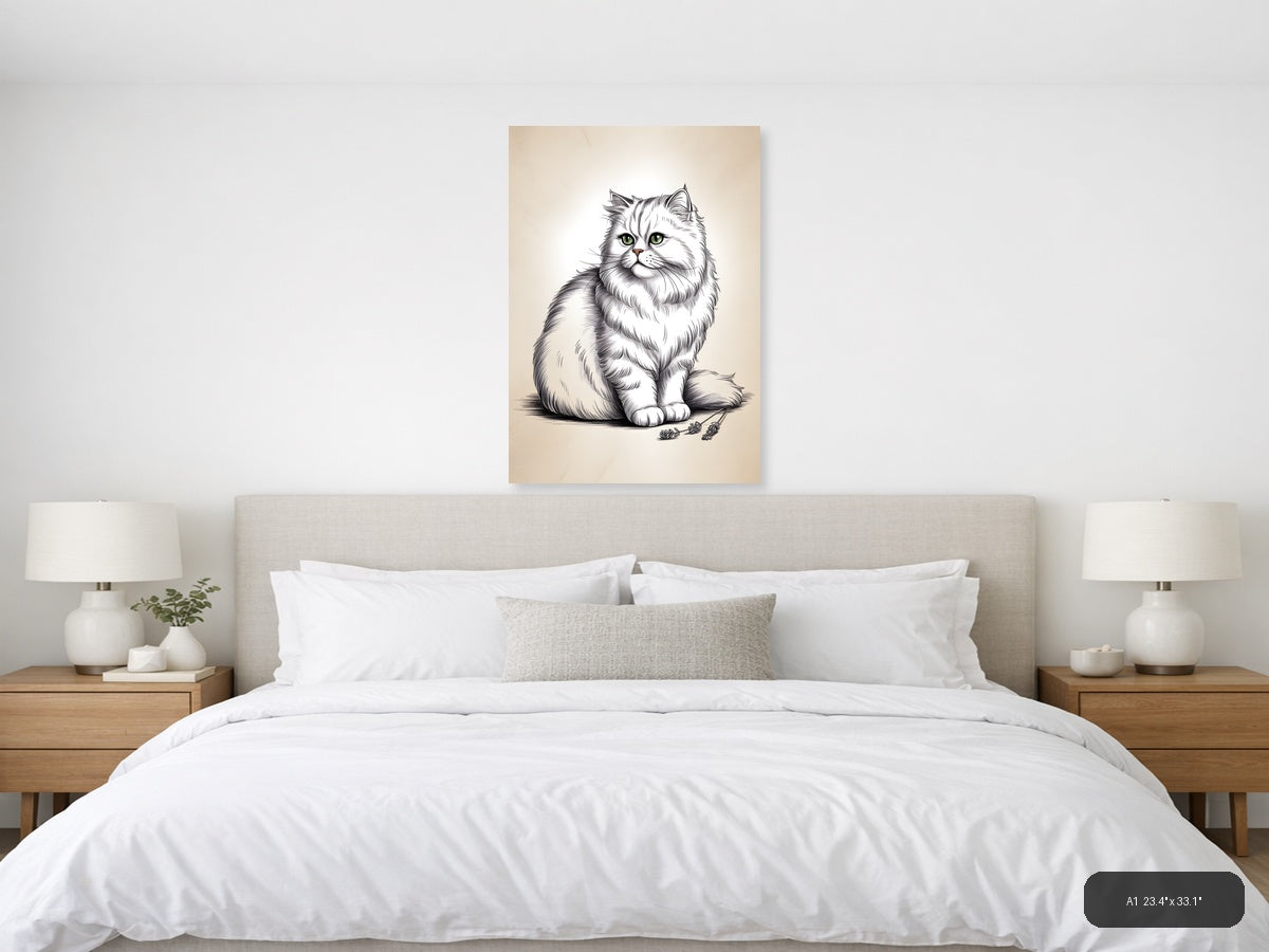 Fluffy White Cat with Green Eyes Line Art Wall Art — A1 / Bedroom