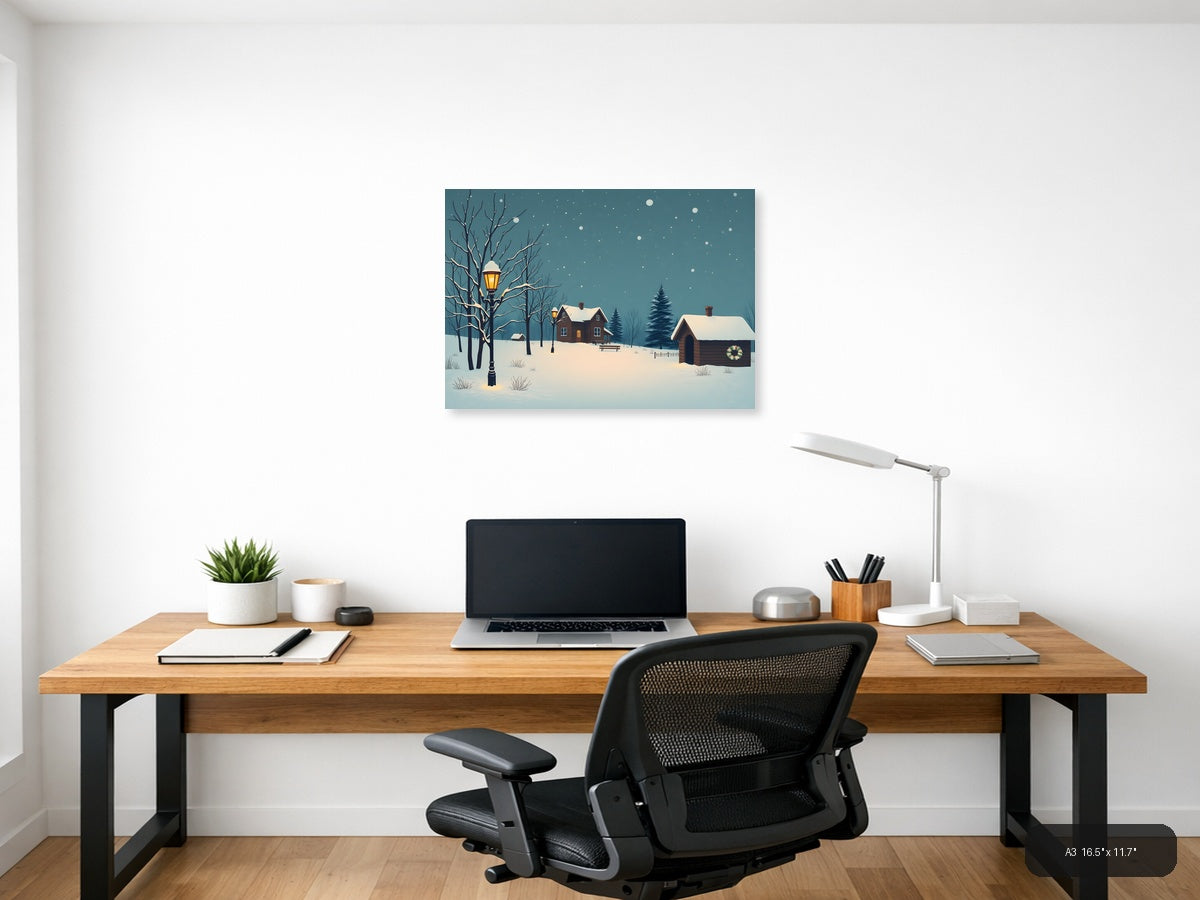 Vintage Winter Cottage Snow Scene Landscape Wall Art — A3 / Office