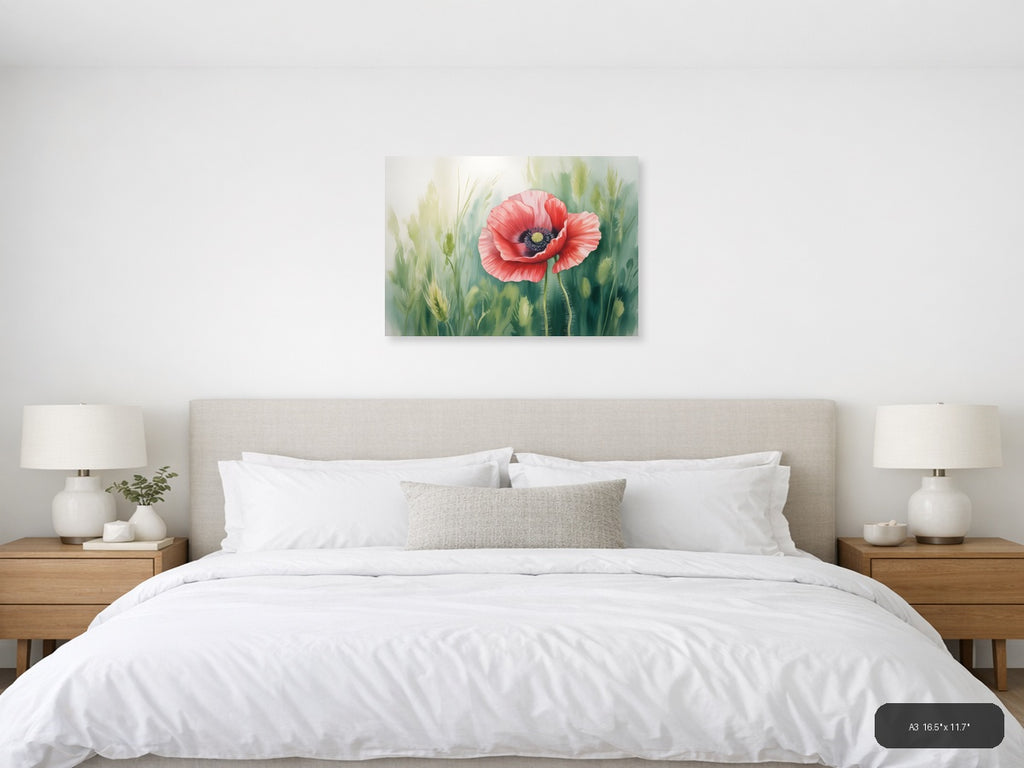 Red Poppy Watercolor Flower with Wheat Field Wall Art — A3 / Bedroom