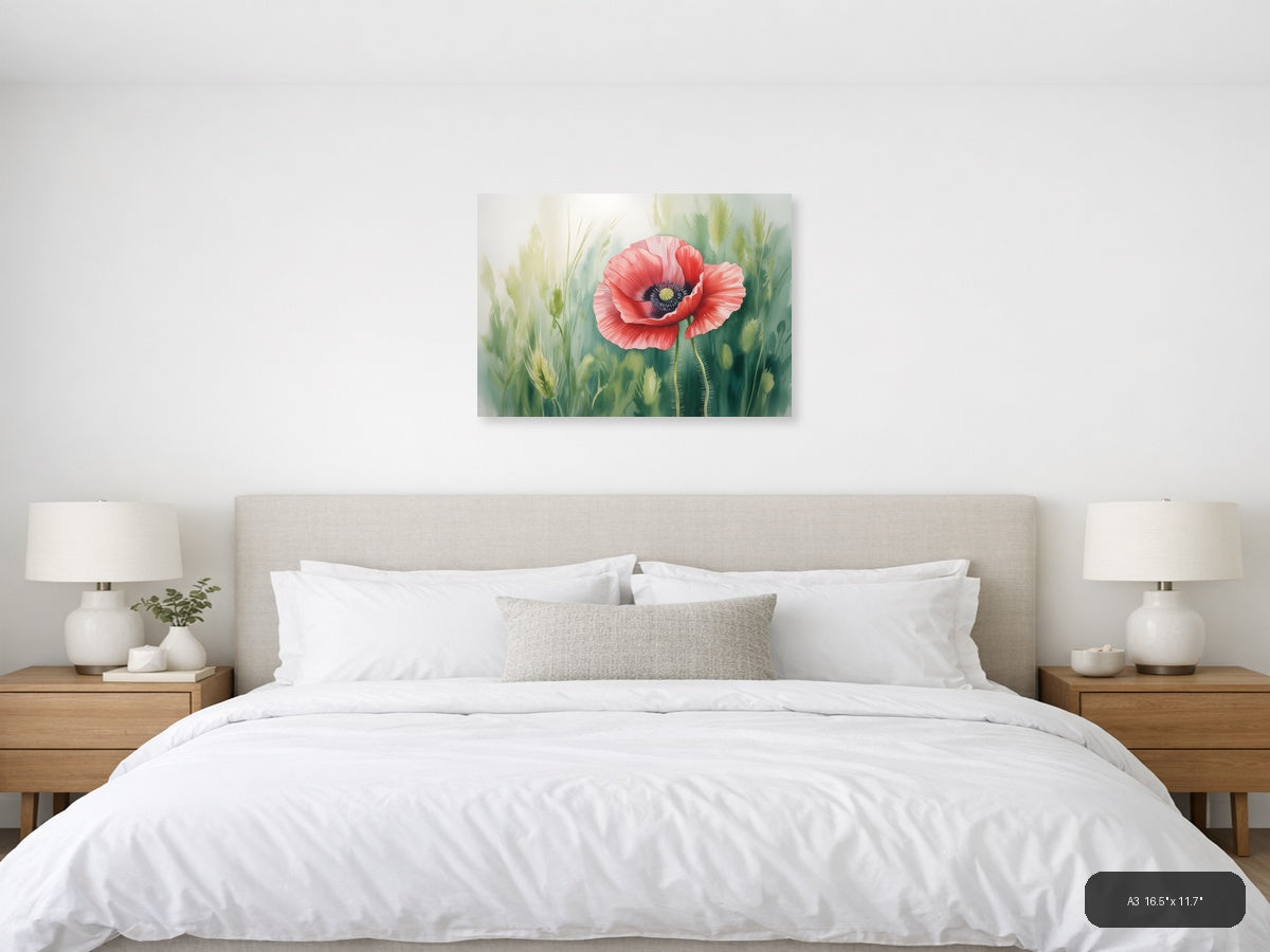 Red Poppy Watercolor Flower with Wheat Field Wall Art — A3 / Bedroom