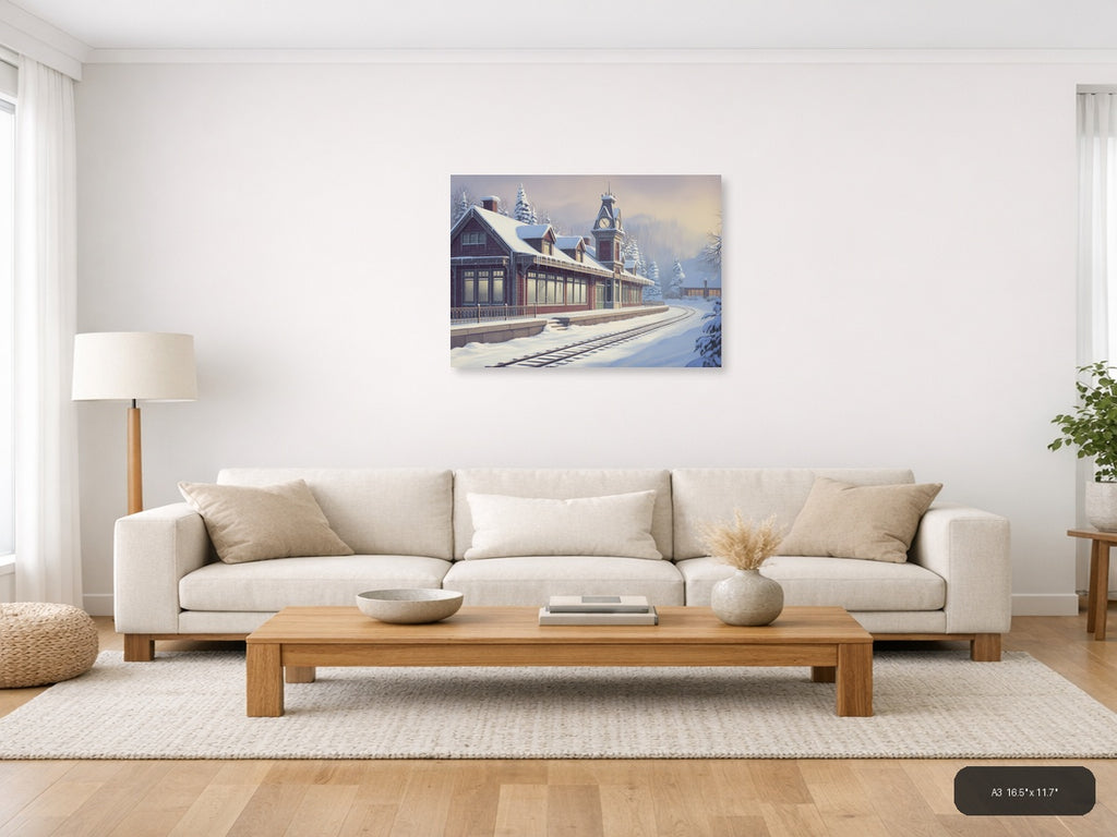 Vintage Snow-Covered Railway Station Clock Tower Wall Art — A3 / Living Room