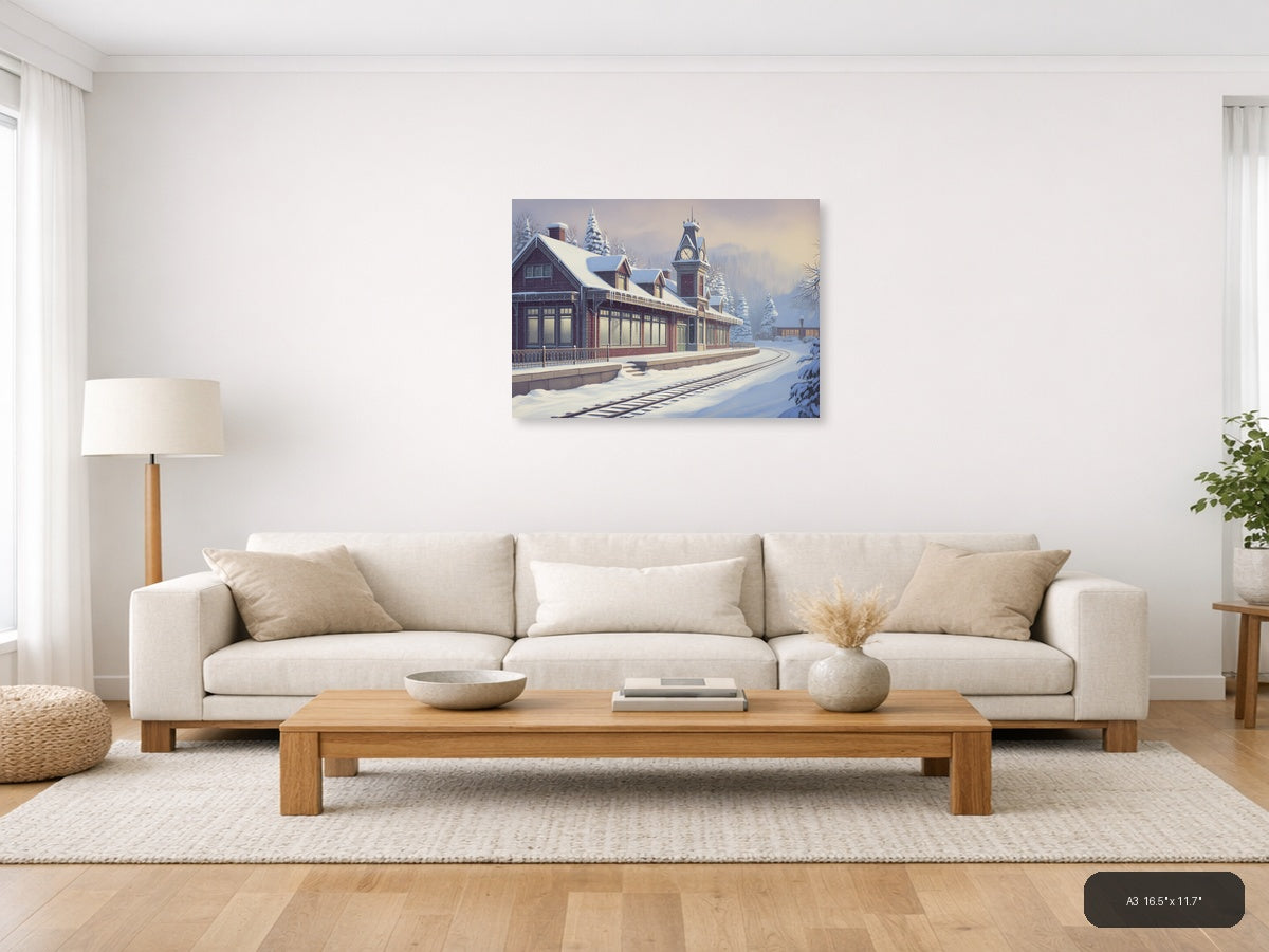 Vintage Snow-Covered Railway Station Clock Tower Wall Art — A3 / Living Room