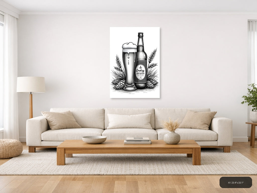 Craft Brewery Beer & Hops Line Art Wall Art — A1 / Living Room